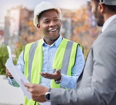 Engineer, men outdoor and blueprints for planning, happiness and real estate Stock Photos