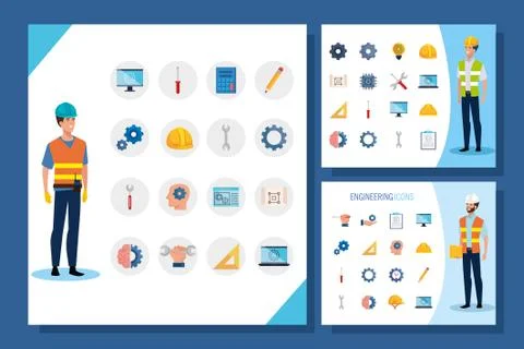 Engineer men with set icons working Stock Illustration