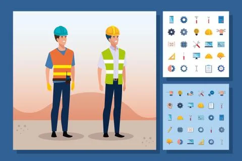 Engineer men with set icons working Stock Illustration