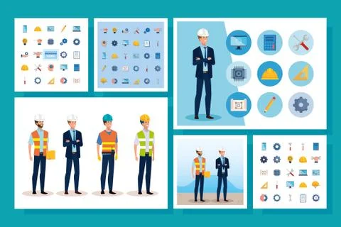 Engineer men with set icons working Stock Illustration