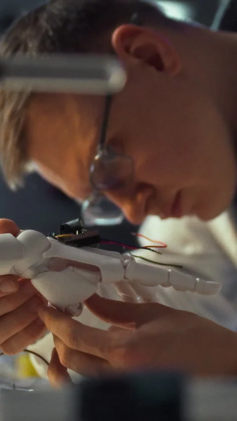 Engineer meticulously assembles robotic arm prototype in high-tech lab surro Stock Footage 331794812