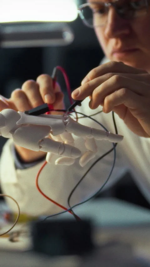 An engineer meticulously assembles a robotic hand prototype linking wires an 스톡 동영상 331532965