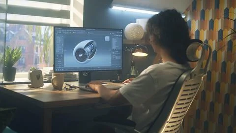 Engineer modeling 3D turbine on computer Stockfoto's