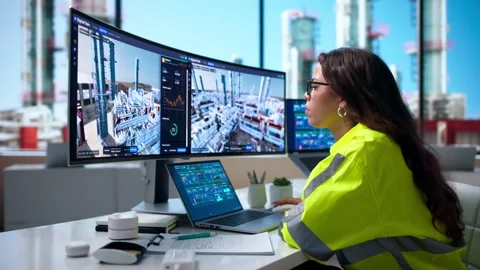 Engineer Monitors 3D Digital Twin On Laptop Stock Footage 345332745
