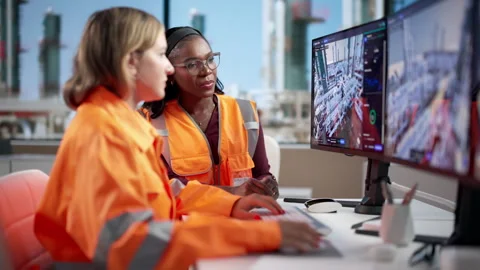 Engineer Monitors 3D Digital Twin Software Stock Footage 347898693