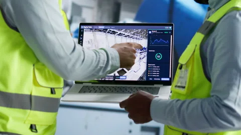 Engineer Monitors 3D Simulation Stock Footage 345851889