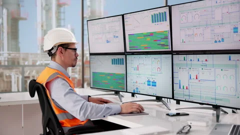 Engineer Monitors Computer System Controlling Gas Stock Footage 332498922