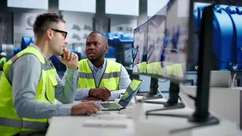 Engineer Monitors Real-time 3D Simulation Software Stock Footage 345851051