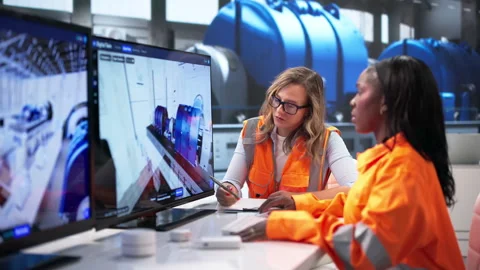 Engineer Monitors Real-time 3D Twin Simulation Stock Footage 346926874