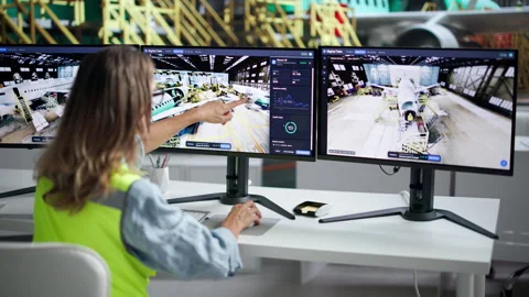 Engineer Monitors Real-time 3D Twin Simulation Stock Footage 346929972