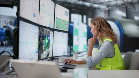 Engineer Monitors Real-time Factory Systems Stock Footage 337631171