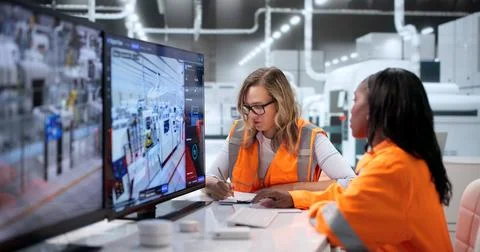 Engineer Monitors Real-time Factory Automation Using Advanced 3D Digital Twin Foto stock