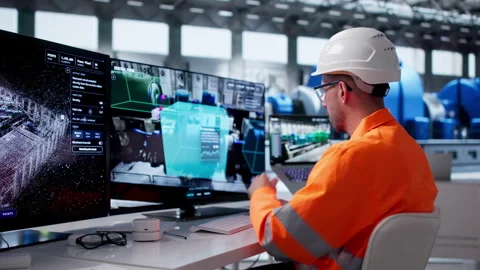 Engineer Monitors Real-time Industrial Data Stock Footage 340994918