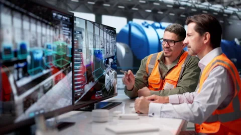 Engineer Monitors Real-time SCADA Software On Computer Stock Footage 347293031