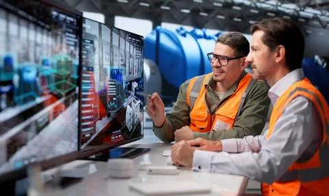 Engineer Monitors Real-time SCADA System Data To Control Power Plant. Foto stock