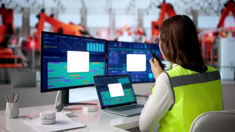 Engineer Monitors Red Blinking Light Signaling Production Line Stop Stock Footage 335453868