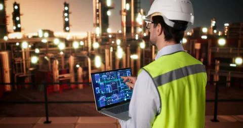 Engineer Monitors Refinery Data On Laptop While Inspecting Industrial Pipelin Stock Photos
