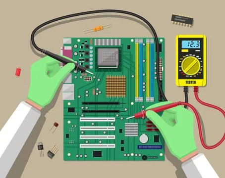 Engineer with multimeter checks motherboard Stock Illustration