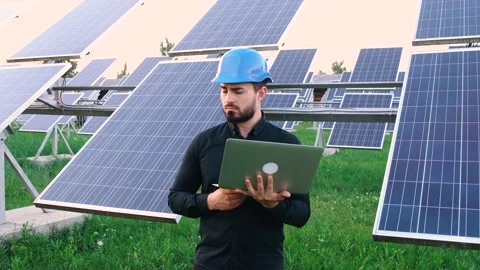 Engineer near solar panels Stock Footage 140002415