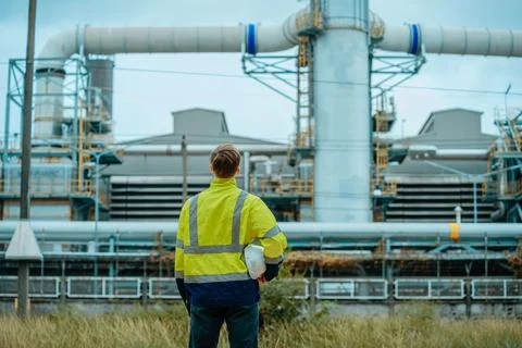 Engineer observes industrial facility operations during day light hours wit.. Stock Photos