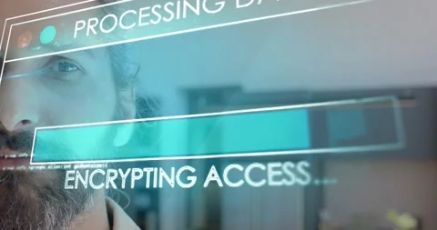 Engineer observing technology AR interface sliding in office, progress bars Видео 321301523