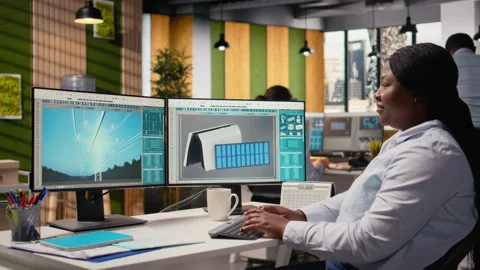 Engineer in office develops innovative solar device with advanced materials Video stock 315612254