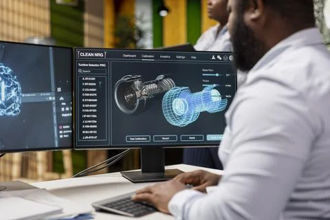 Engineer in office using artificial intelligence to review turbine data Stock Photos
