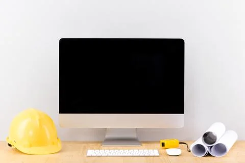 Engineer office working desk with desktop computer screen isolated. Stock Photos