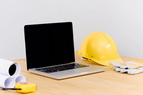 Engineer office working desk with desktop computer screen isolated. Stock Photos
