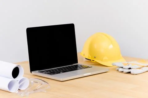 Engineer office working desk with desktop computer screen isolated. Stock Photos