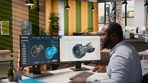 Engineer in office working on wind turbine CAD design for improved technology Stock Photos