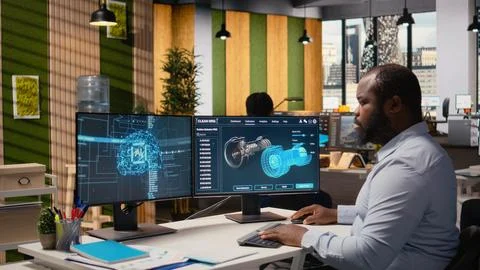 Engineer in office working on wind turbine component CAD design Stock Photos