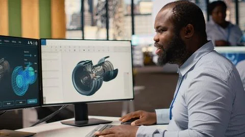 Engineer in office working on wind turbine CAD design for improved technology Stock Photos