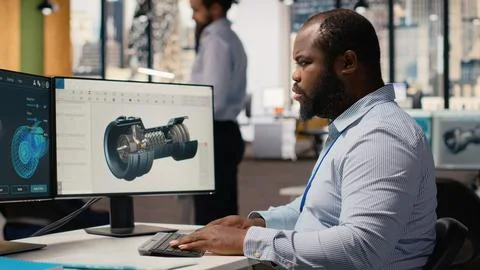Engineer in office working on wind turbine component CAD design Stock Photos