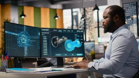 Engineer in office working on wind turbine component CAD design Stock Photos