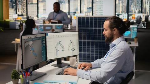 Engineer in office works on solar panel CAD design for improved technology Stock Photos