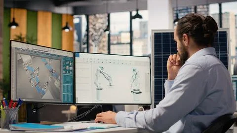 Engineer in office works on solar panel CAD design for improved technology Stock Photos