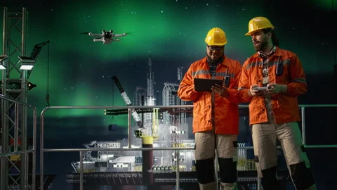 Engineer on offshore rig under aurora borealis uses drone to bypass sea blockade Stock Footage 336197195
