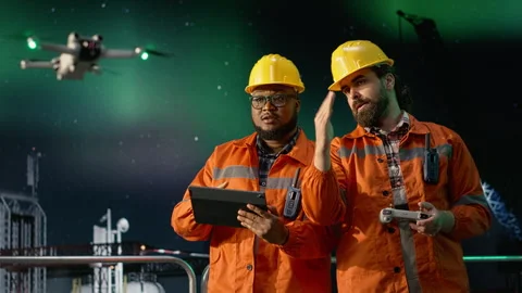 Engineer on offshore rig under aurora borealis uses drone to bypass sea blockade Stock Footage 336200461