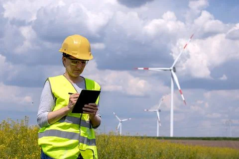 Engineer in an oilseed rape field with a wind farm in the background. Stock Photos