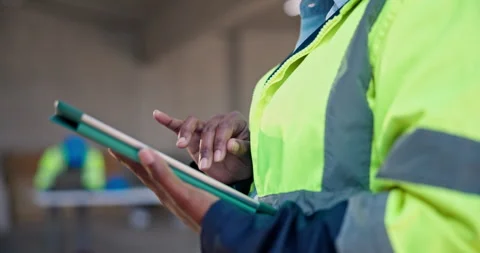 Engineer, online and hands with tablet, construction and planning for renovation Stock Footage 345300250