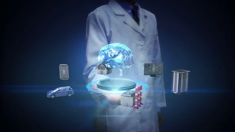 Engineer open palm, Devices sensor connecting brain, artificial intelligence. Video stock 76180532