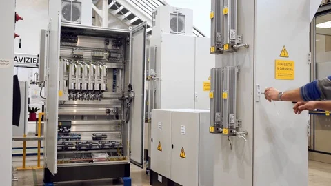 Engineer Opening Control Panel Automobile Factory Interior Slow Motion Details Stock-Footage 128492394