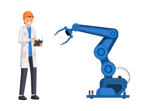Engineer operate robotic arm flat illustration Stock Illustration