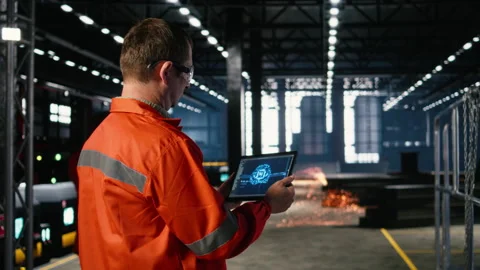 Engineer operates artificial intelligence tools on tablet in manufacturing plant Video stock 322202940