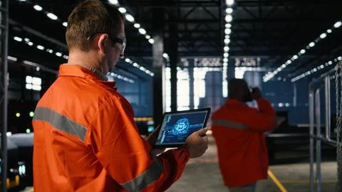 Engineer operates artificial intelligence tools on tablet in manufacturing plant 库存照片