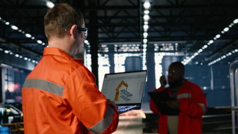 Engineer operates automation software on a laptop to control robot equipment Stock Footage 322203486