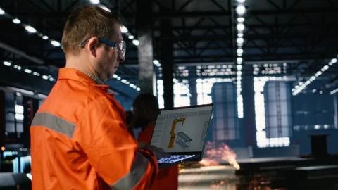 Engineer operates automation software on a laptop to control robot equipment Stock Photos