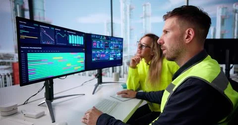 Engineer Operating An Industrial Data Automation System On A Computer. Stock Photos