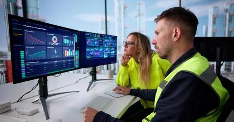 Engineer Operating An Industrial Data Automation System On Computer Screen. Foto stock